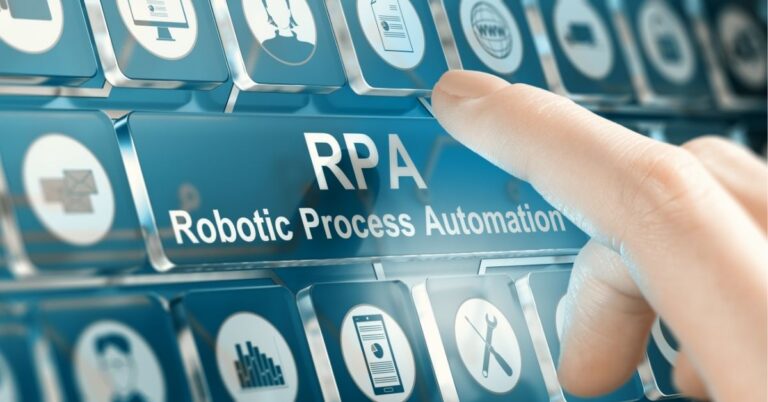 Finger pointing at "RPA Robotic Process Automation" on a virtual keyboard.