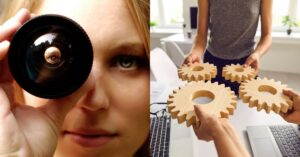 Left: Woman looking through a camera lens. Right: People exchanging wooden gears in an office.