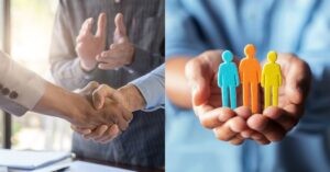 Handshake with applause in the background; hands holding colorful paper people figures.