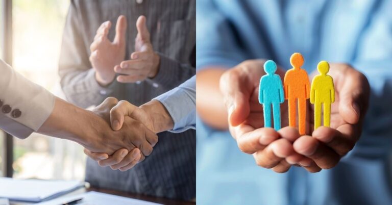 Handshake with applause in the background; hands holding colorful paper people figures.