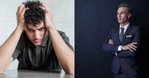 Left: Man holding his head in frustration. Right: Confident man in a suit with arms crossed.