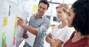 Team collaborating and discussing ideas at a whiteboard with sticky notes.