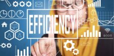Person pointing at "EFFICIENCY" surrounded by digital icons and graphs.