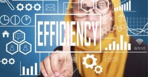 Person pointing at "EFFICIENCY" surrounded by digital icons and graphs.