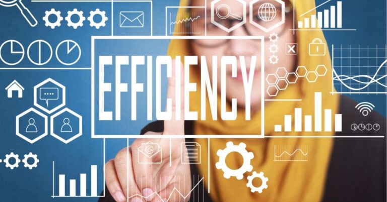 Person pointing at "EFFICIENCY" surrounded by digital icons and graphs.