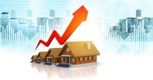 Houses with a red upward arrow, symbolizing real estate growth.