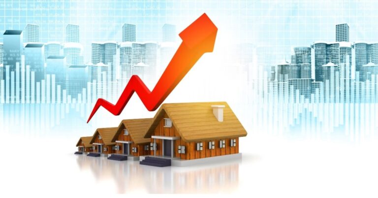 Houses with a red upward arrow, symbolizing real estate growth.