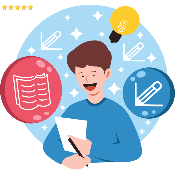 Illustration of a happy man writing on paper, surrounded by icons representing writing, creativity, and ideas, with a five-star rating shown in the corner. The background features a light blue circle with sparkles, pencils, a book icon, and a lightbulb symbolizing copywriting services.