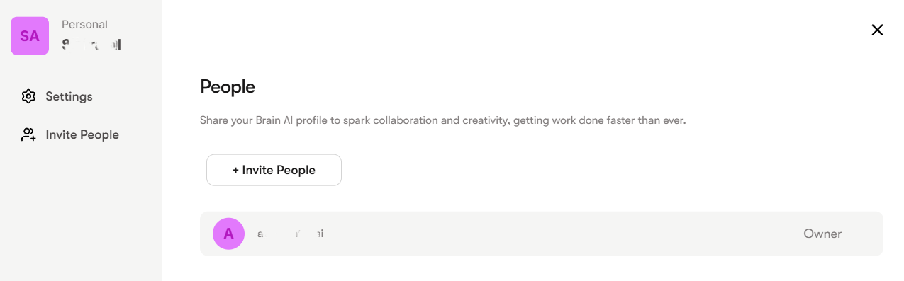 Sintra AI &lsquo;People&rsquo; screen with an &lsquo;Invite People&rsquo; button and the workspace owner listed.