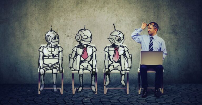 A businessman with a laptop sits beside three hand-drawn robots wearing red ties, symbolizing AI coworkers or virtual employees.