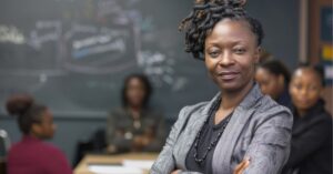 Confident professional standing with colleagues in the background.