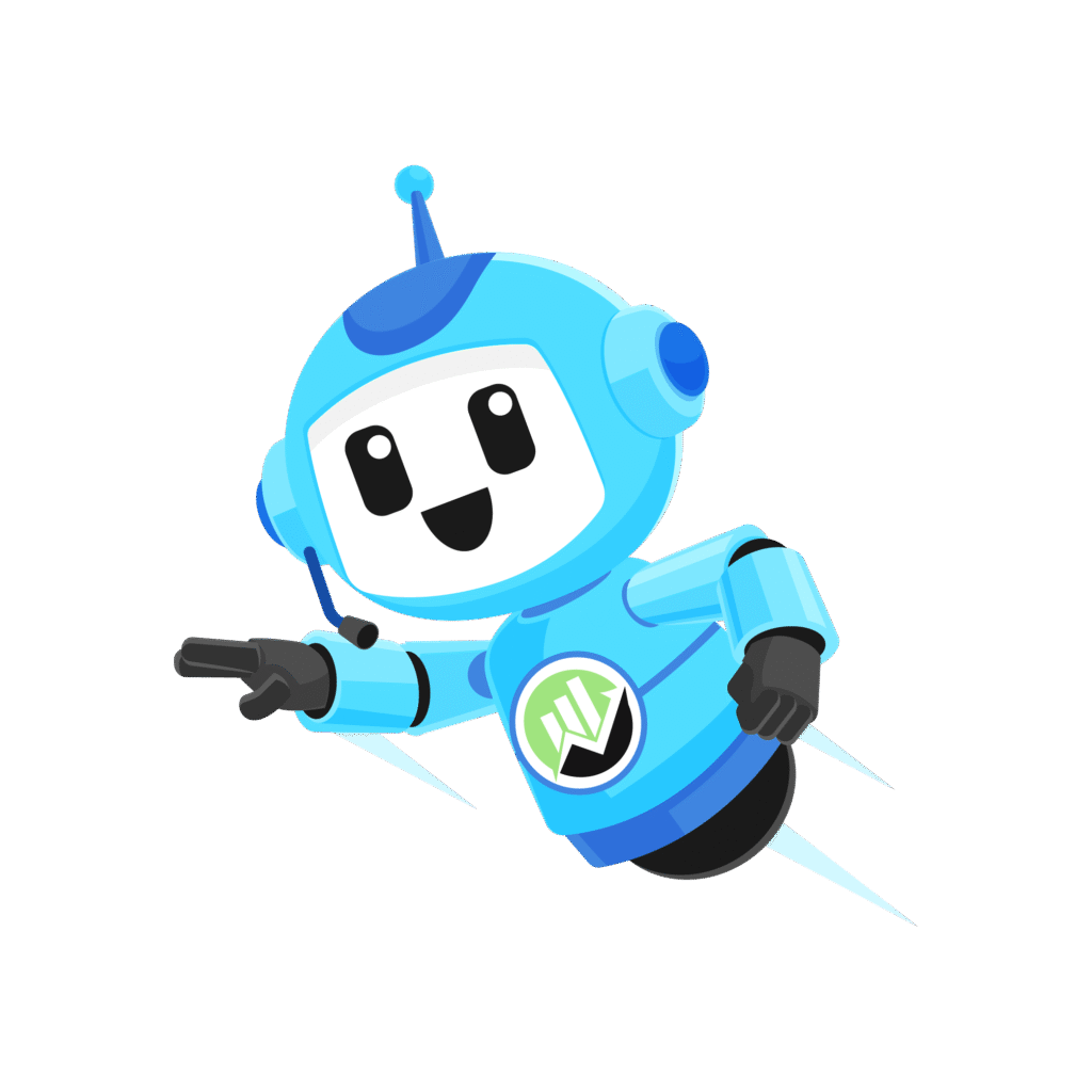 HelperX Bot flying forward with enthusiasm, pointing ahead as if guiding readers through a journey exploring the small business blog.