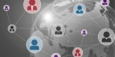 Connected icons of people over a globe, symbolizing a global network.