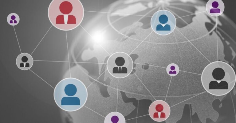 Connected icons of people over a globe, symbolizing a global network.