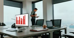 Professional in an office reading a report with a visible graph on a monitor.