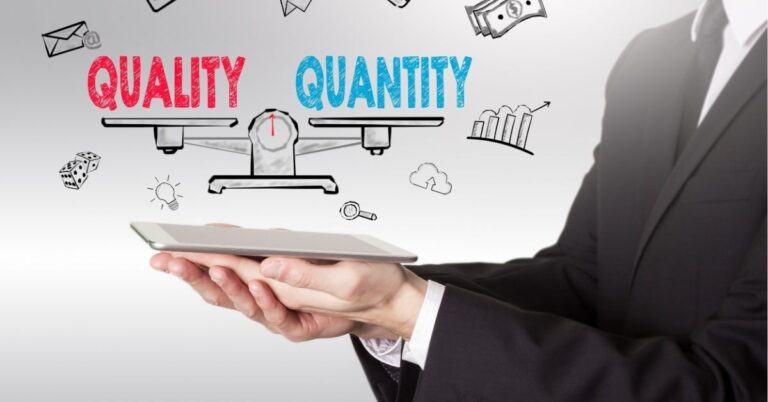 Hands holding a tablet with "Quality vs Quantity" illustrations above.