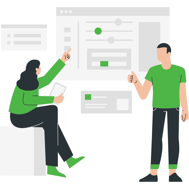 Illustration of two people discussing data on a digital dashboard, symbolizing SEO consulting services and strategic planning.