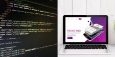 Staging vs. Production: How to Test Like a Pro Left: Close-up of code on a dark screen. Right: Laptop displaying "Front End Development" with a colorful design.