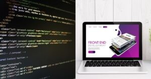 Left: Close-up of code on a dark screen. Right: Laptop displaying "Front End Development" with a colorful design.