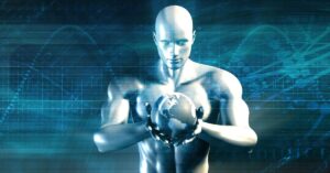 Futuristic digital illustration of a humanoid figure holding a glowing Earth, symbolizing artificial intelligence's control or influence over global data and information systems.