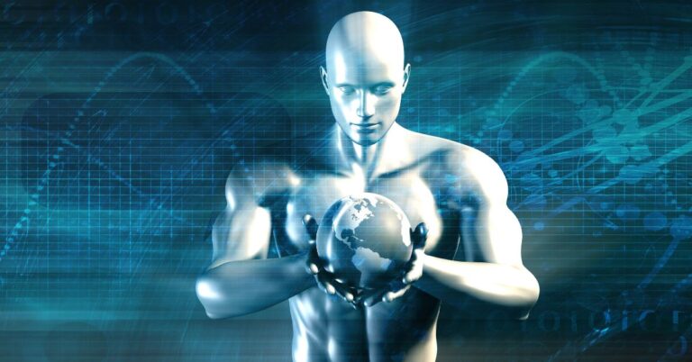 Futuristic digital illustration of a humanoid figure holding a glowing Earth, symbolizing artificial intelligence's control or influence over global data and information systems.