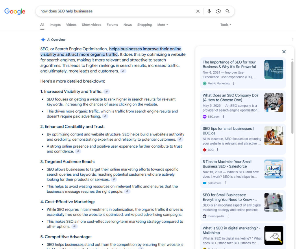 Screenshot of a Google search for “how does SEO help businesses” showing an AI Overview. The AI summary explains SEO's benefits, including improved visibility, credibility, audience targeting, cost-effectiveness, and competitive advantage. A right-hand panel displays related articles from various websites, separated from AI Overviews.