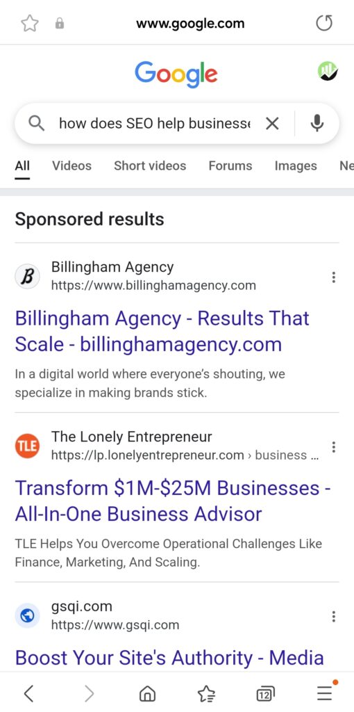 Mobile view of a Google search for “how does SEO help businesses.” No AI Overview is shown; instead, sponsored results appear at the top of the results page.