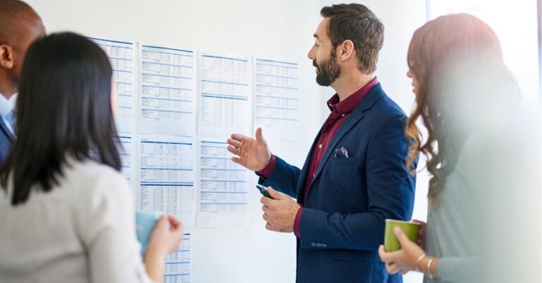 Group discussing a strategy in a meeting.