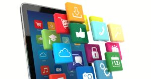 Illustration of a tablet with colorful 3D app icons floating above the screen, representing app development and digital tools.