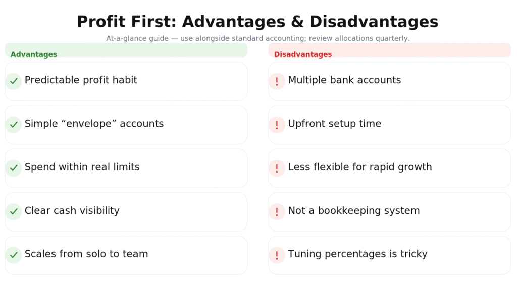 Diagram comparing advantages and disadvantages of the Profit First cash-management method.
