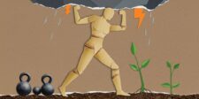 Illustration of a wooden mannequin figure flexing muscles while holding up a storm cloud with lightning, symbolizing resilience in adversity. Kettlebells sit on the ground to the left, while green plants sprout from the soil on the right.