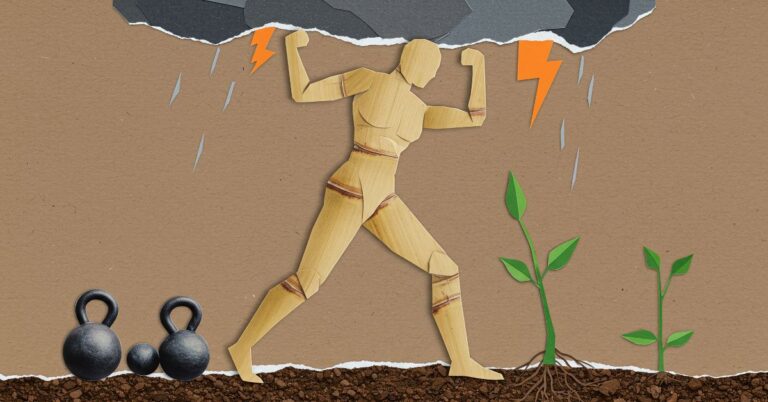 Illustration of a wooden mannequin figure flexing muscles while holding up a storm cloud with lightning, symbolizing resilience in adversity. Kettlebells sit on the ground to the left, while green plants sprout from the soil on the right.