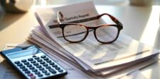 Eyeglasses resting on a stack of quarterly tax reports beside a calculator on a sunlit desk.