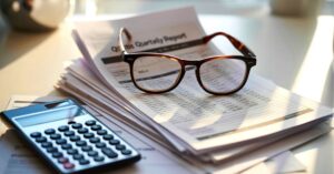 Eyeglasses resting on a stack of quarterly tax reports beside a calculator on a sunlit desk.