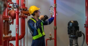A technician in safety gear is checking a pressure gauge on red fire protection piping next to an industrial pump inside a mechanical room.