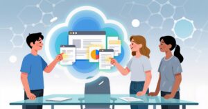 Illustration of three colleagues around a table sharing documents and charts inside a cloud interface, representing virtual data room collaboration and security.
