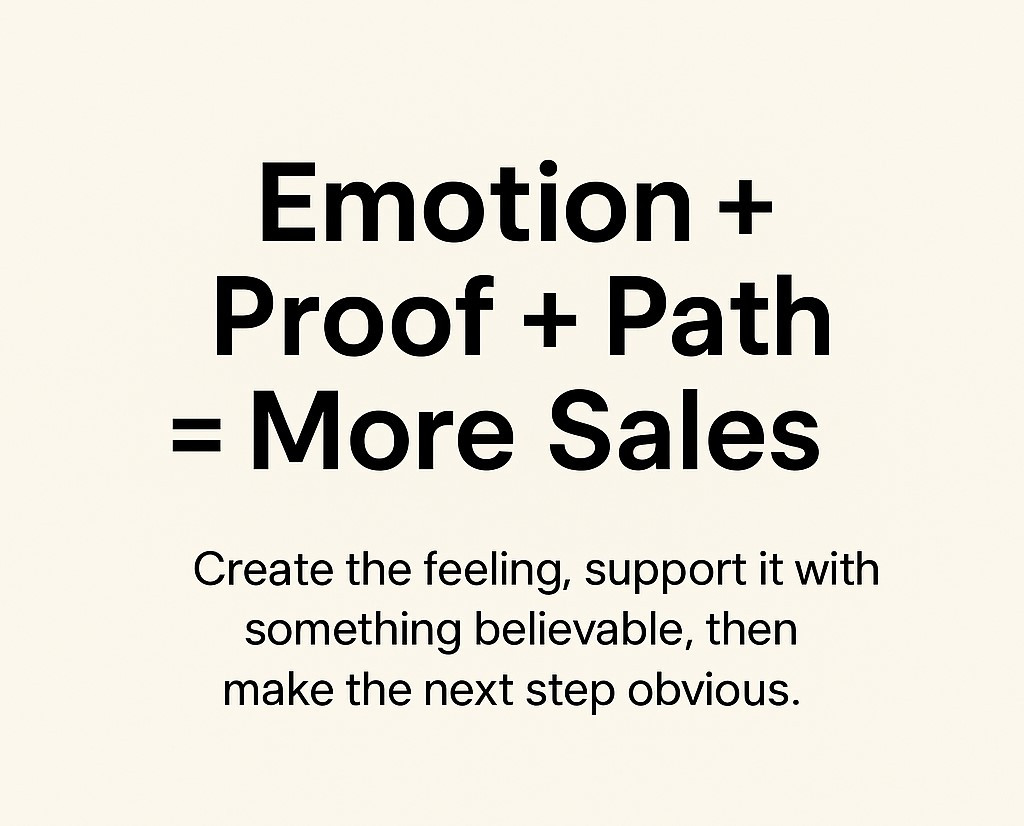 Emotion + Proof + Path = More Sales,&rdquo; followed by smaller centered text: &ldquo;Create the feeling, support it with something believable, then make the next step obvious.