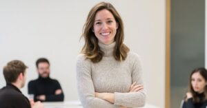 Smiling woman in a beige sweater stands with arms crossed in an office, with coworkers blurred in the background.