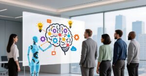 Team reviewing an AI concept display in a modern office, with a humanoid robot pointing at a brain-and-icons diagram on a large screen.