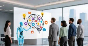 Team reviewing an AI concept display in a modern office, with a humanoid robot pointing at a brain-and-icons diagram on a large screen.