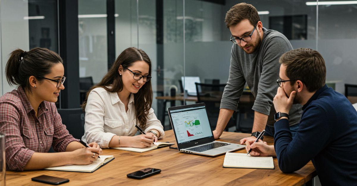 Team reviewing website analytics on a laptop during a digital marketing planning meeting.