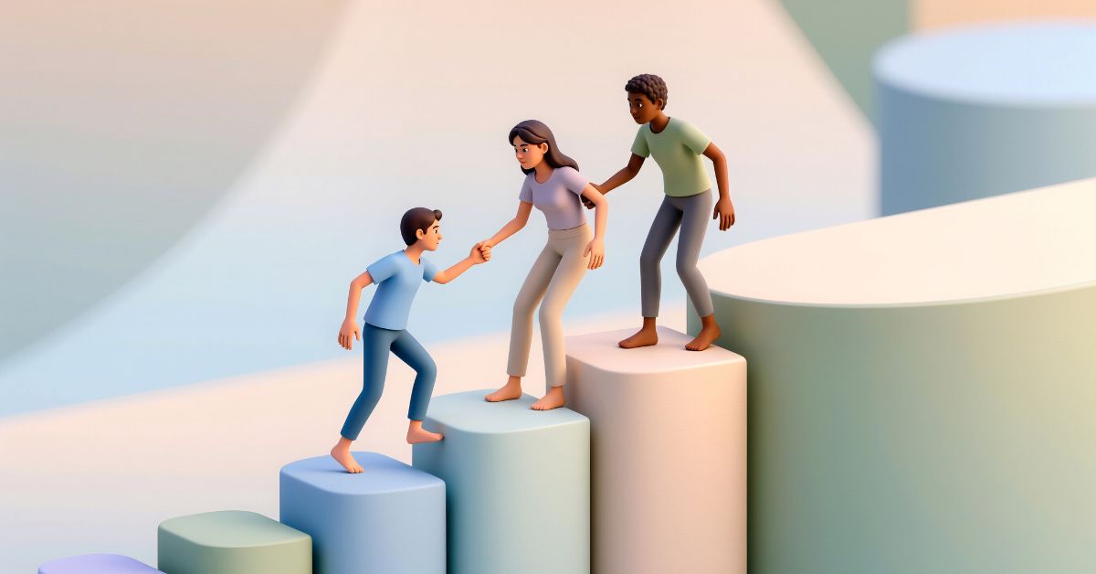 3D illustration of a mentor helping others climb steps toward growth.