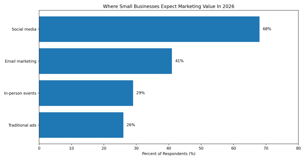 Horizontal bar chart of expected marketing value in 2026: social media 68%, email 41%, in-person events 29%, traditional ads 26%.