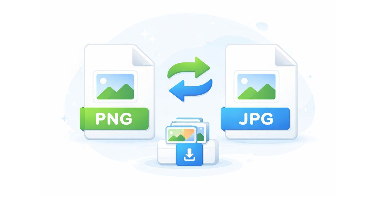 Illustration of PNG and JPG file icons with two-way arrows and a download icon, representing PNG to JPG and JPG to PNG conversion.