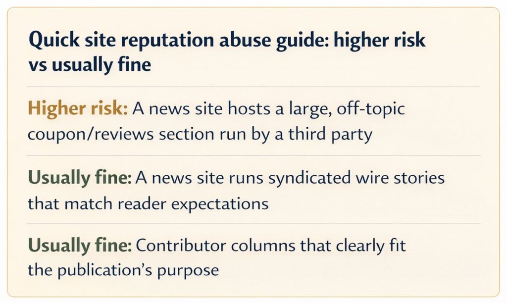 Boxed graphic titled “Quick site reputation abuse guide” comparing higher risk and usually fine content examples.