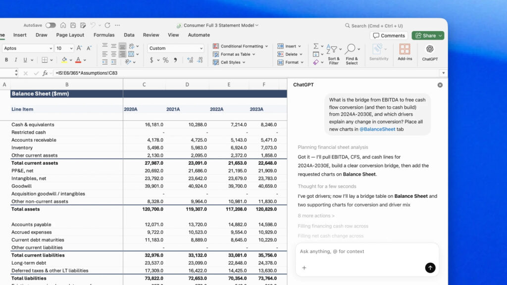 Microsoft Excel spreadsheet with the ChatGPT sidebar open, showing a request to build cash flow conversion charts