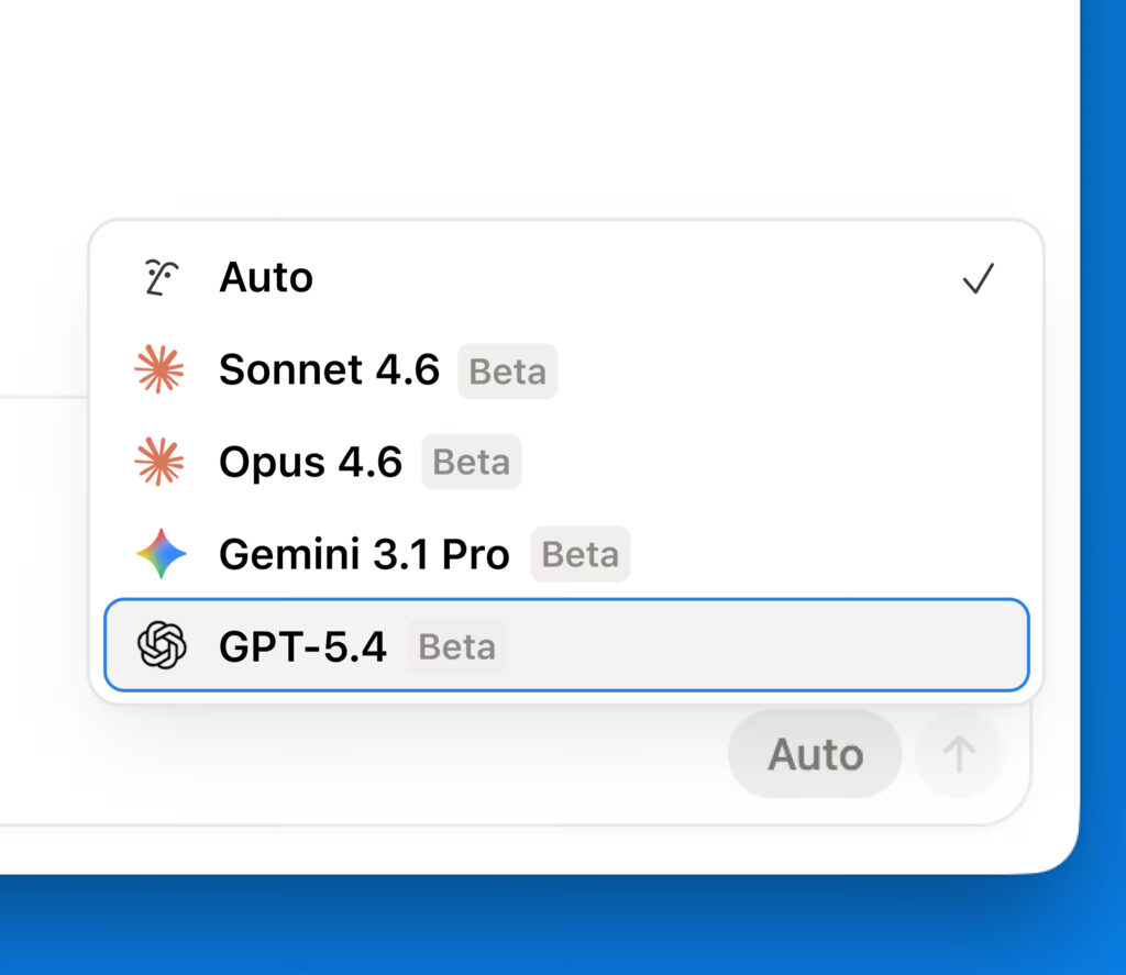 Notion model picker showing GPT-5.4 beta selected alongside Sonnet 4.6, Opus 4.6, and Gemini 3.1 Pro