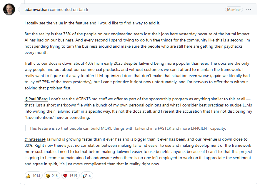 Screenshot of a forum comment from Adam Wathan explaining that AI&rsquo;s impact on Tailwind&rsquo;s business led to major layoffs, falling docs traffic, and a need to prioritize revenue and sustainability before adding new features.