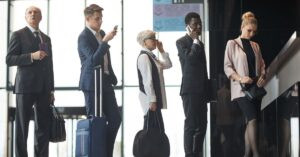 Business travelers in formal attire standing in line with luggage and phones inside a bright airport terminal
