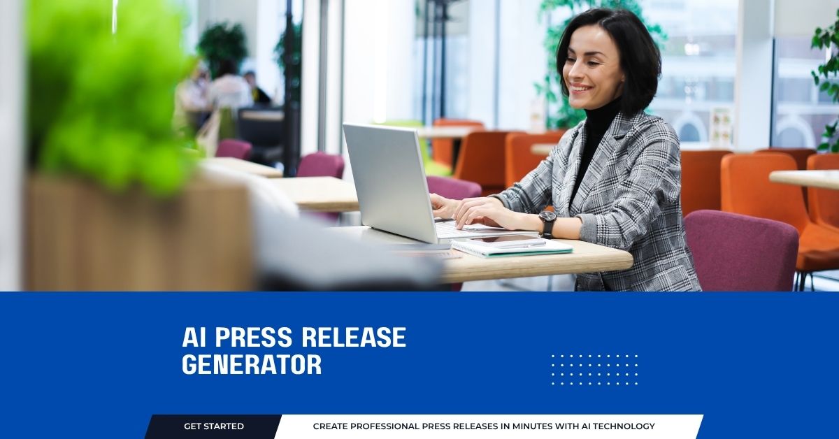 Woman working on a laptop in a modern office above a blue banner that reads AI Press Release Generator and create professional press releases in minutes with AI technology.